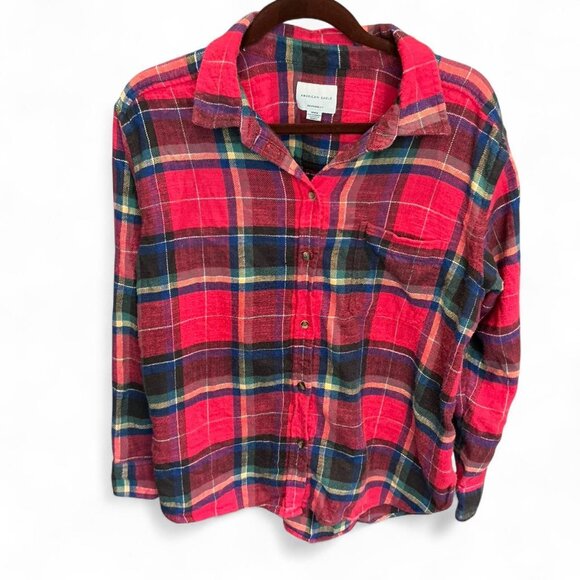 American Eagle classic boyfriend fit cotton red plaid flannel shirt size Medium - Picture 1 of 3